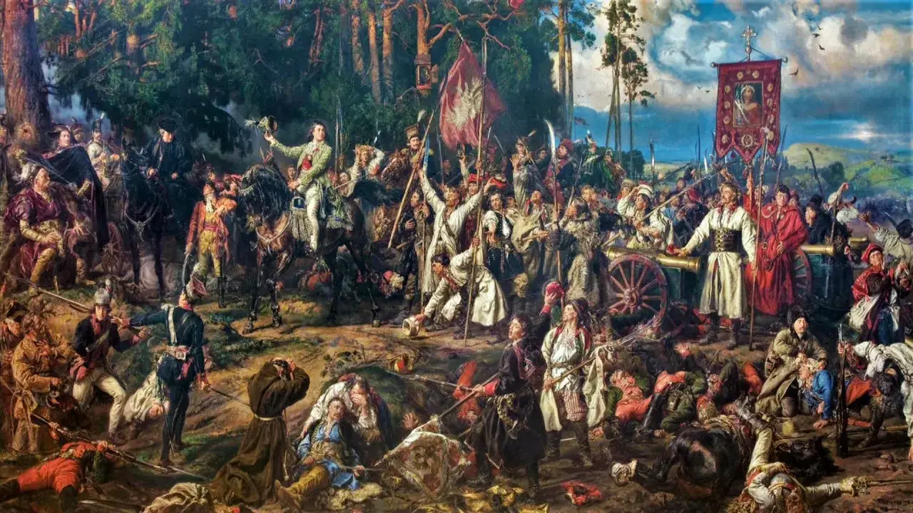 Bitwa pod Racławicami Jana Matejki. Dynamiczna scena z żołnierzami, kosynierami i artylerią.
