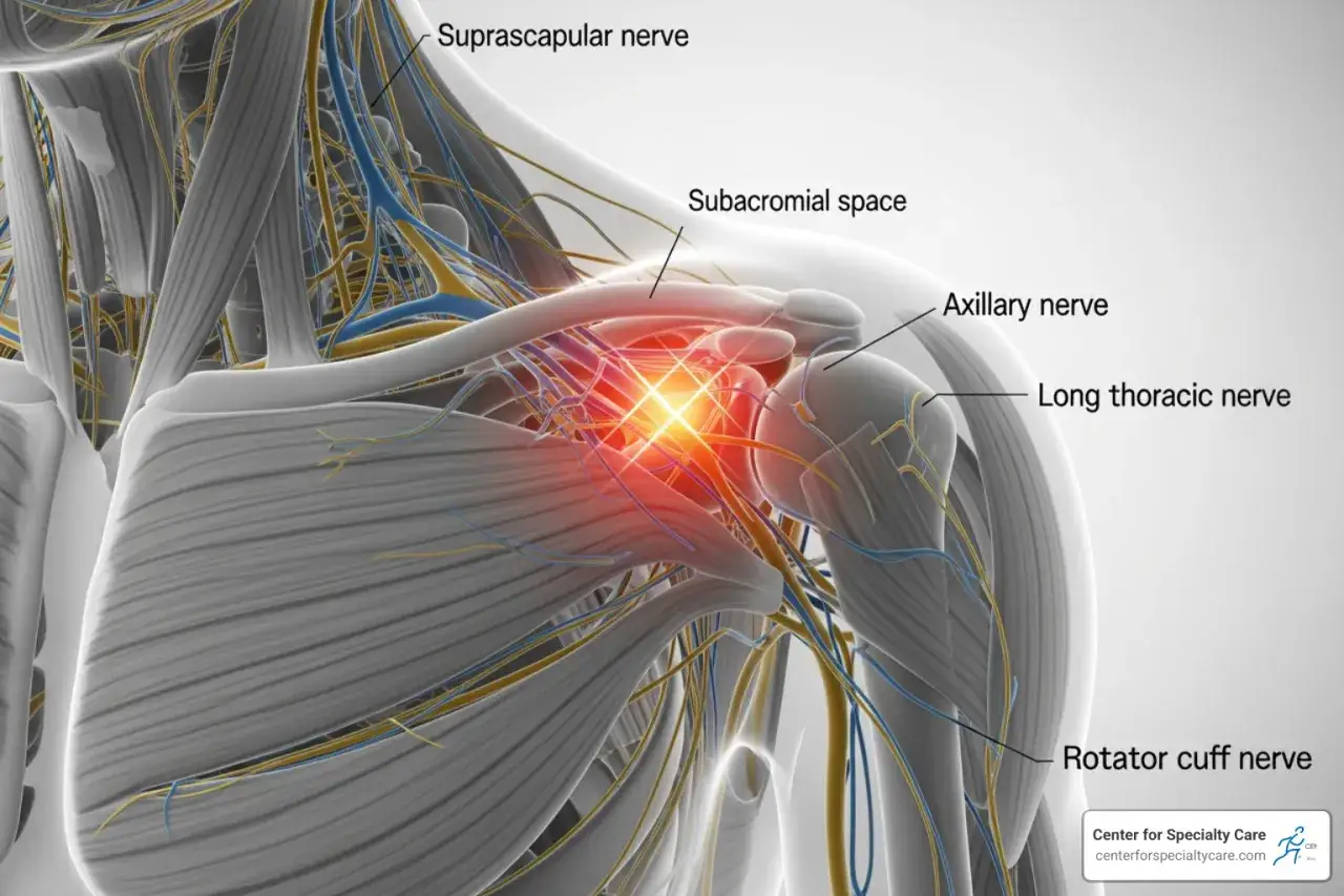 Anatomia barku z zaznaczonym obszarem bólu i nerwami. Może to być przyczyna mrowienia w barku.
