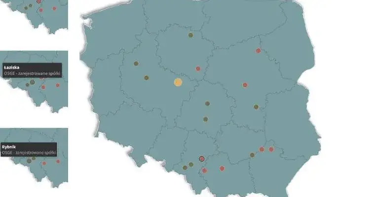 Mapa Polski z elektrowniami słonecznymi
