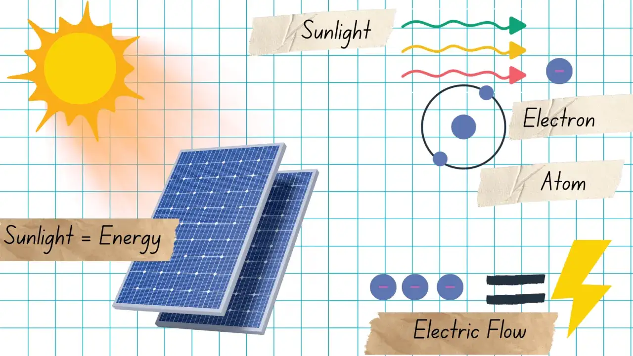 El sol ilumina paneles solares, mostrando c&oacute;mo la luz solar se convierte en energ&iacute;a el&eacute;ctrica.