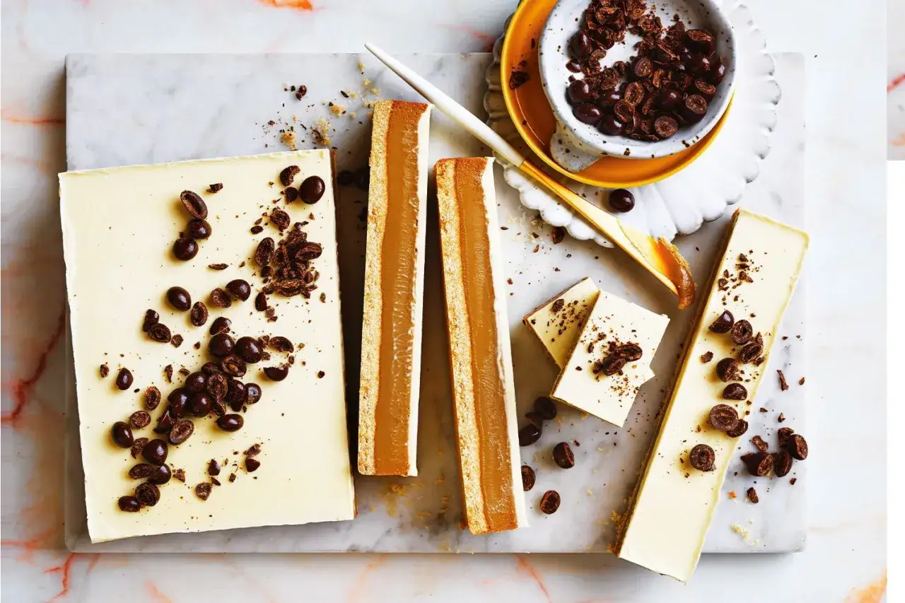 Deliciosos postres con chocolate blanco y trozos de chocolate negro, presentados en una tabla de mármol.