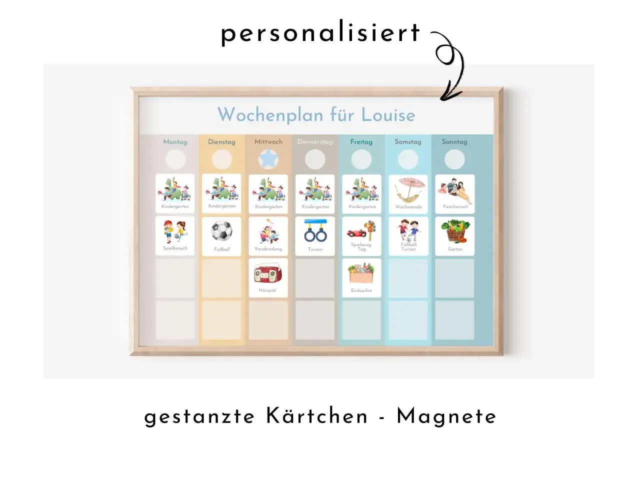 Personalisierter Wochenplan für Louise, der Aktivitäten wie Kindergarten, Fußball und Familienzeit für ein Wechselmodell der Kinder zeigt.
