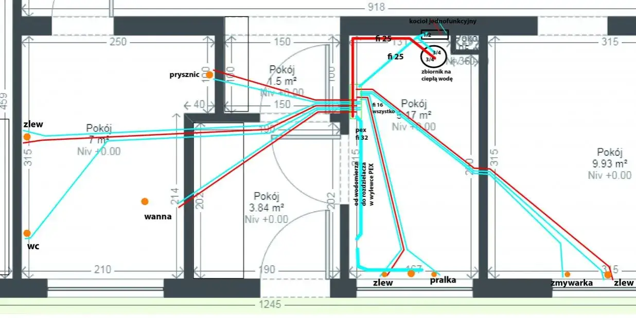schemat instalacji wodnej z rozdzielaczem PEX