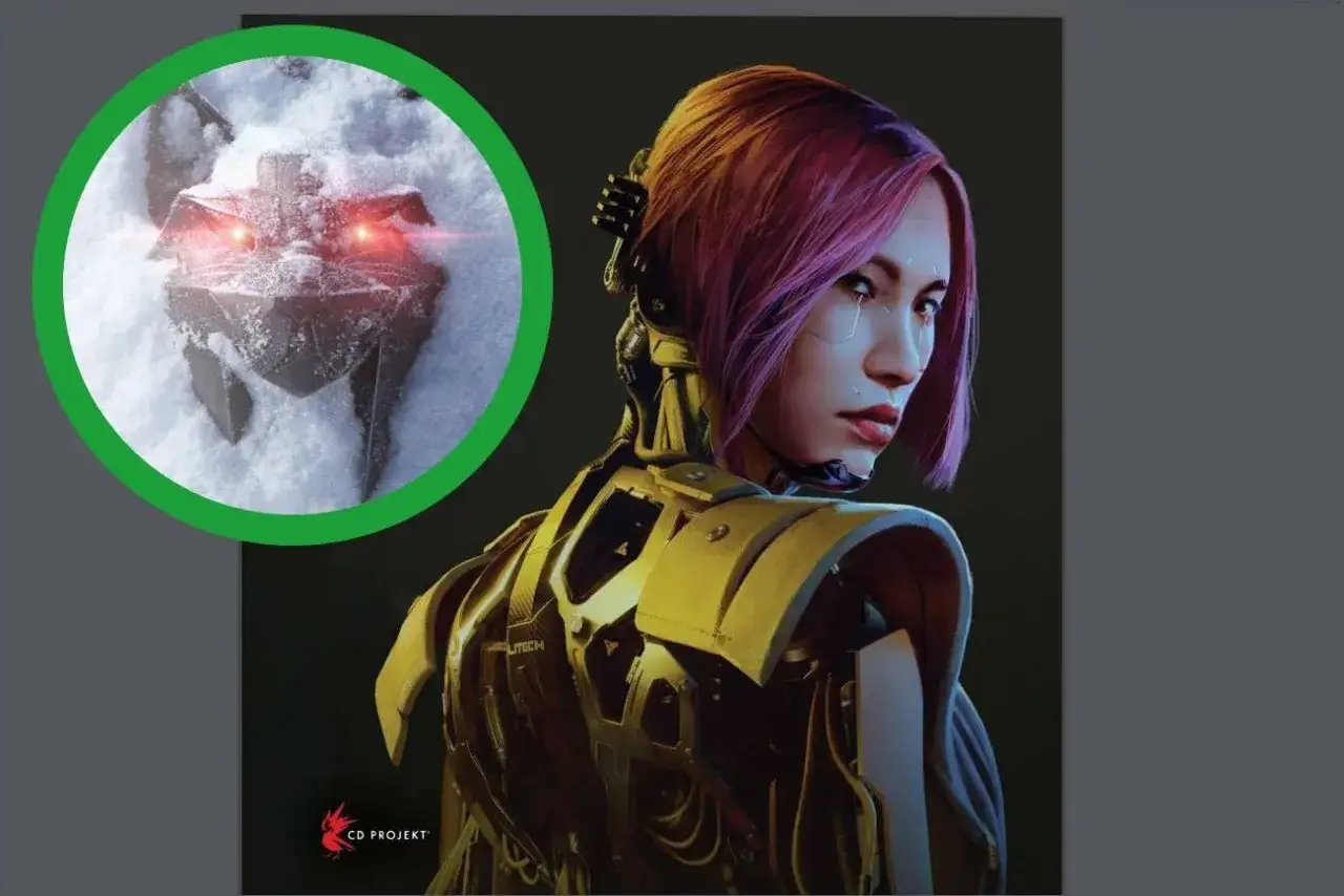 Cyberpunkowa postać z różowymi włosami i robotycznymi elementami, obok której widać mechaniczne zwierzę z czerwonymi oczami, zapowiedź gier CD Projekt.