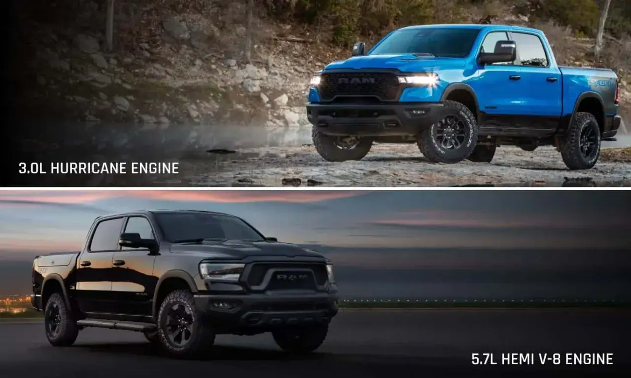 Niebieski Dodge Ram 1500 z silnikiem Hurricane i czarny z 5.7L HEMI V-8.