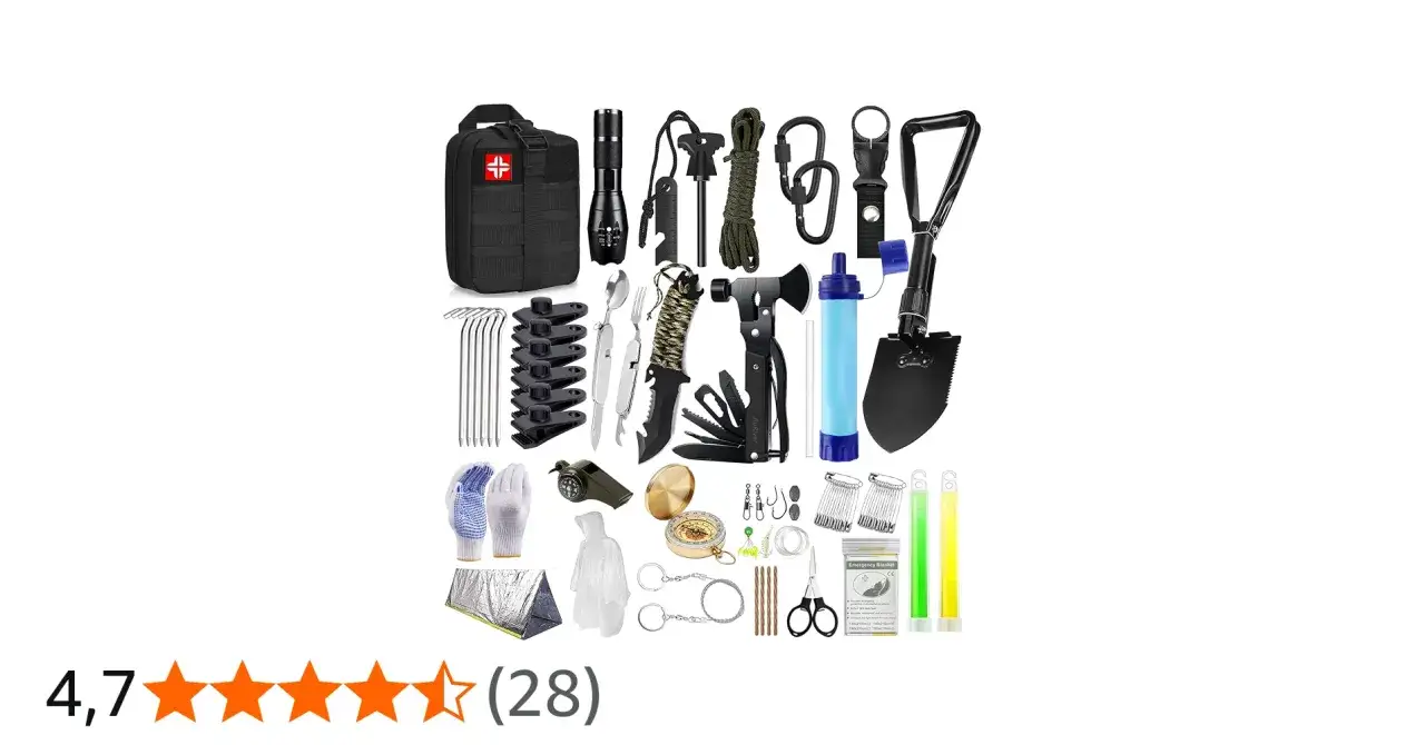 Kit de supervivencia EDC con linterna, multiherramienta, pala, br&uacute;jula y m&aacute;s. &iexcl;Listo para cualquier aventura!