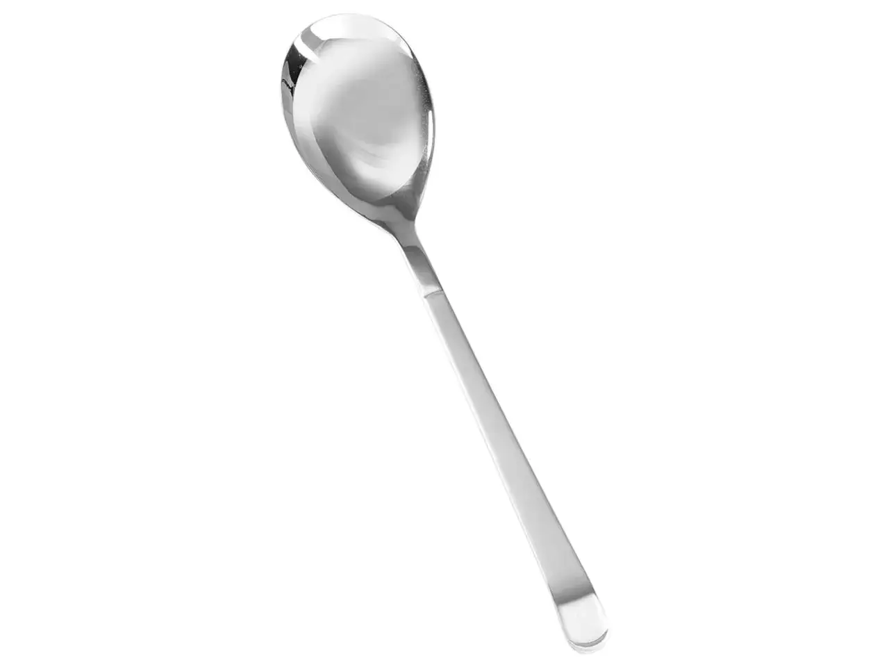Cuillère plate en métal brillant, parfaite pour servir ou mélanger. Son design épuré suggère une utilisation polyvalente en cuisine.