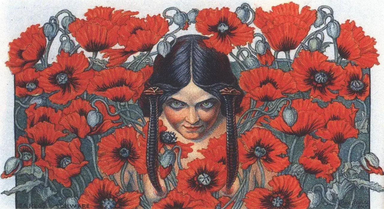 Kobieta z wężami wplecionymi we włosy, otoczona makami. Obraz w stylu Art Nouveau, ukazujący turpizm w malarstwie.