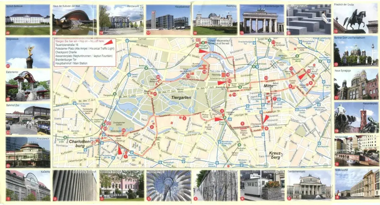 Co zobaczyć w Berlinie: mapa z zaznaczonymi atrakcjami, m.in. Bramą Brandenburską, Reichstagiem, Wyspą Muzeów i Placem Poczdamskim.