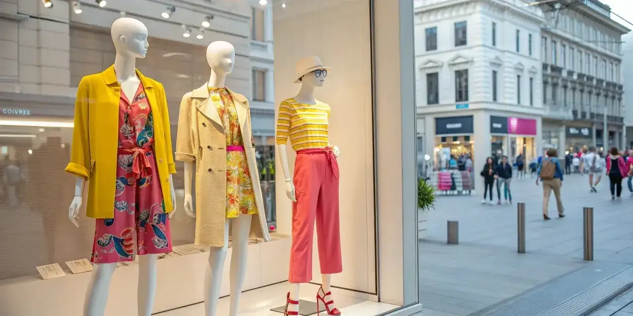 Maniquíes en escaparate de Venca lucen moda veraniega: vestido estampado con chaqueta amarilla, abrigo beige sobre vestido floral, y pantalón rosa con top a rayas.