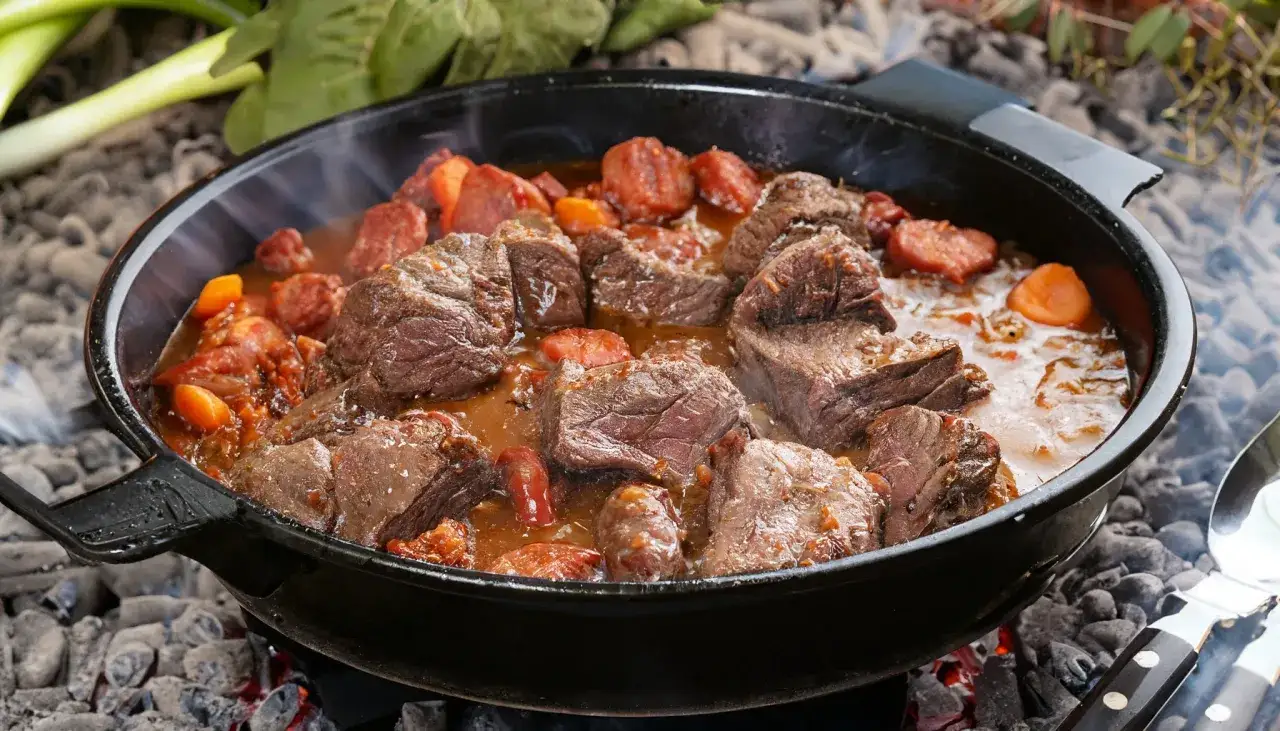 Herzhafte Rindfleischstücke schmoren in einem Dutch Oven mit Karotten und Chorizo. Ein Klassiker für Dutch Oven Rezepte Rind.