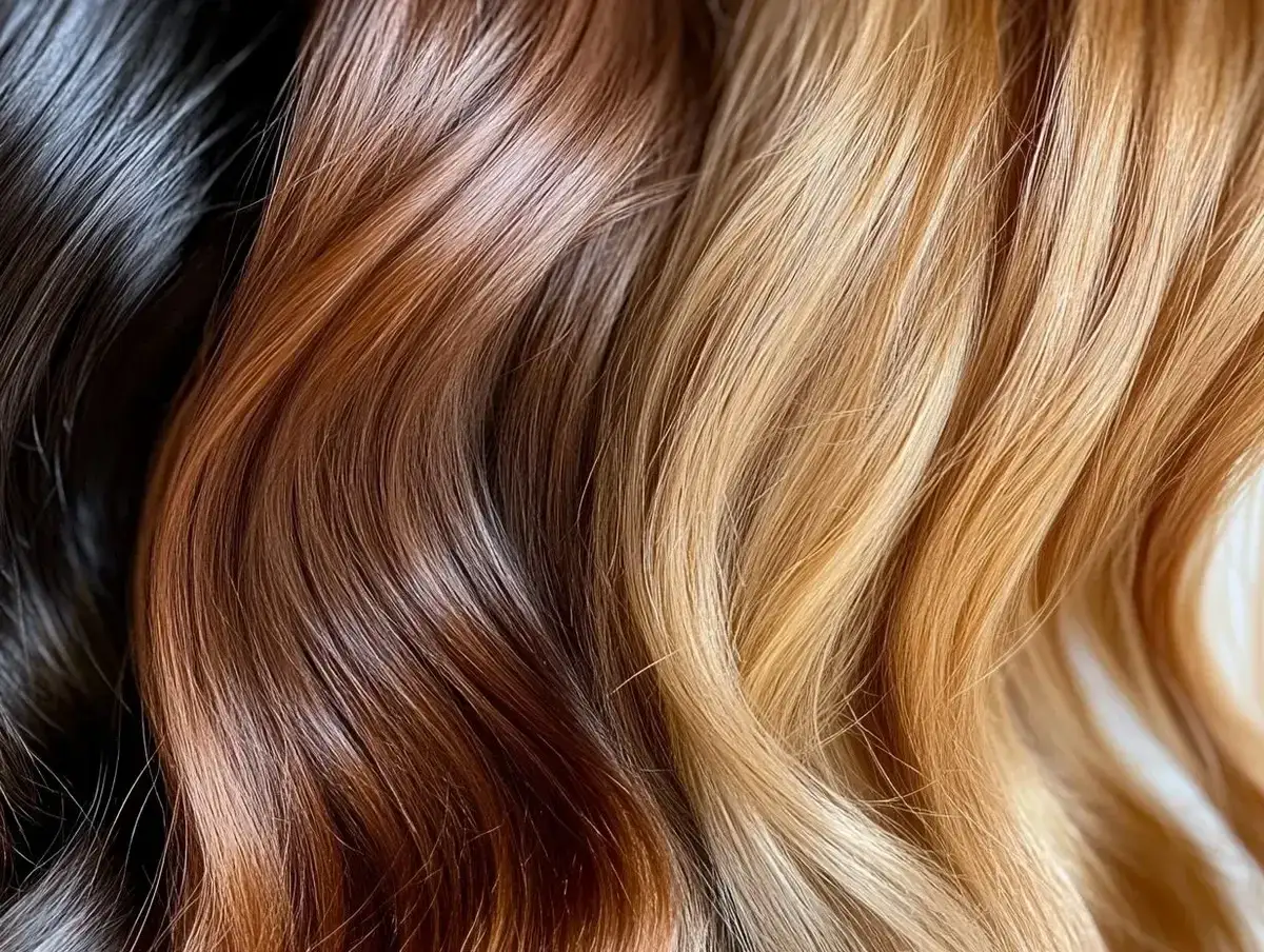 Échantillons de cheveux aux teintes variées : brun foncé, roux cuivré, blond miel et blond doré. Quelle couleur faire sur des mèches blondes ?