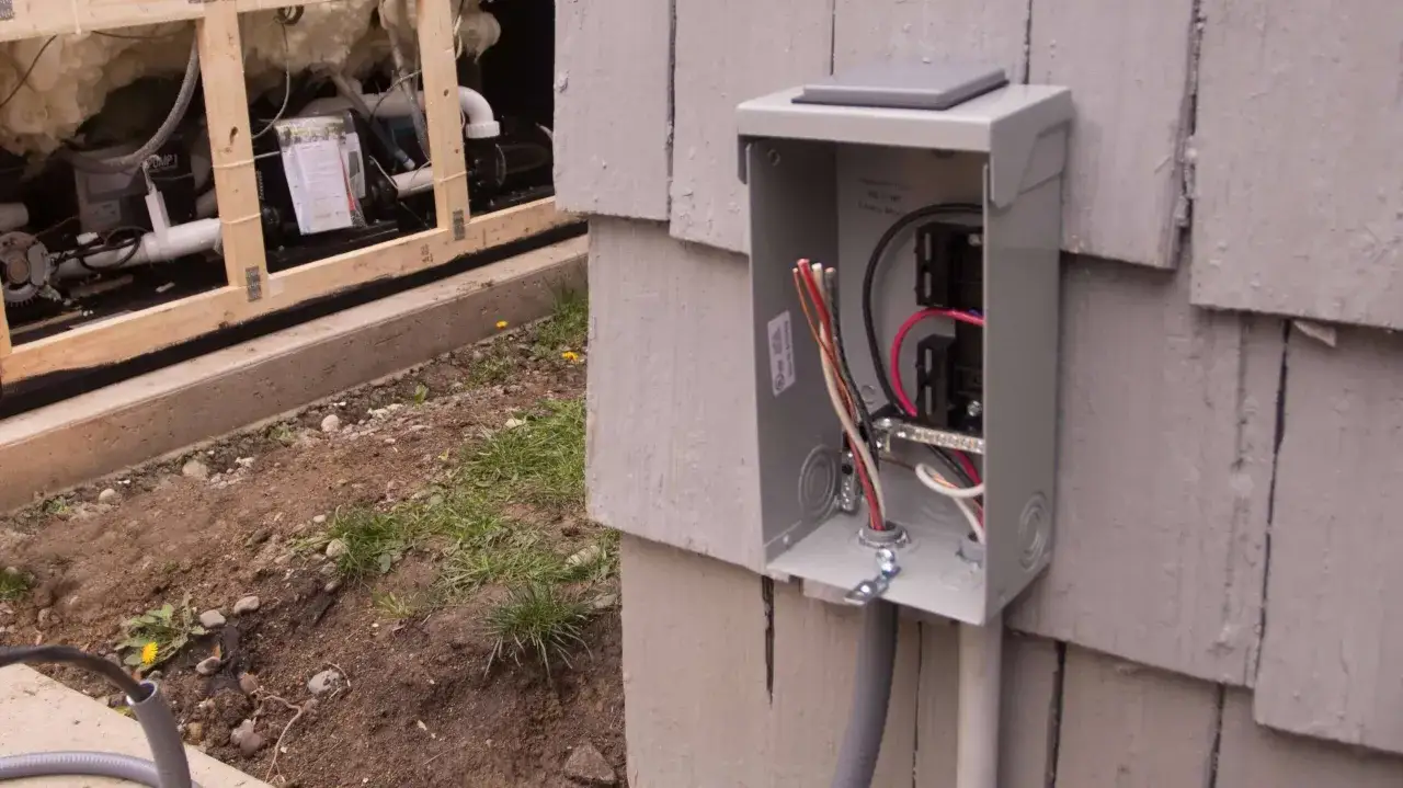 Bo&icirc;tier &eacute;lectrique ouvert sur le c&ocirc;t&eacute; d'une maison, pr&ecirc;t pour le branchement spa gonflable. C&acirc;bles visibles &agrave; l'int&eacute;rieur.