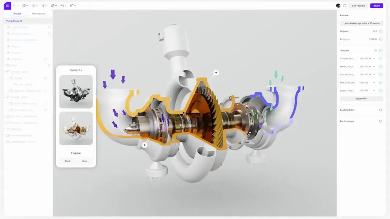 Model silnika turbosprężarki w programie Fusion 360, z opcją wariantu i animacją przepływu. Idealny do nauki projektowania 3D, nawet w wersji fusion 360 free.