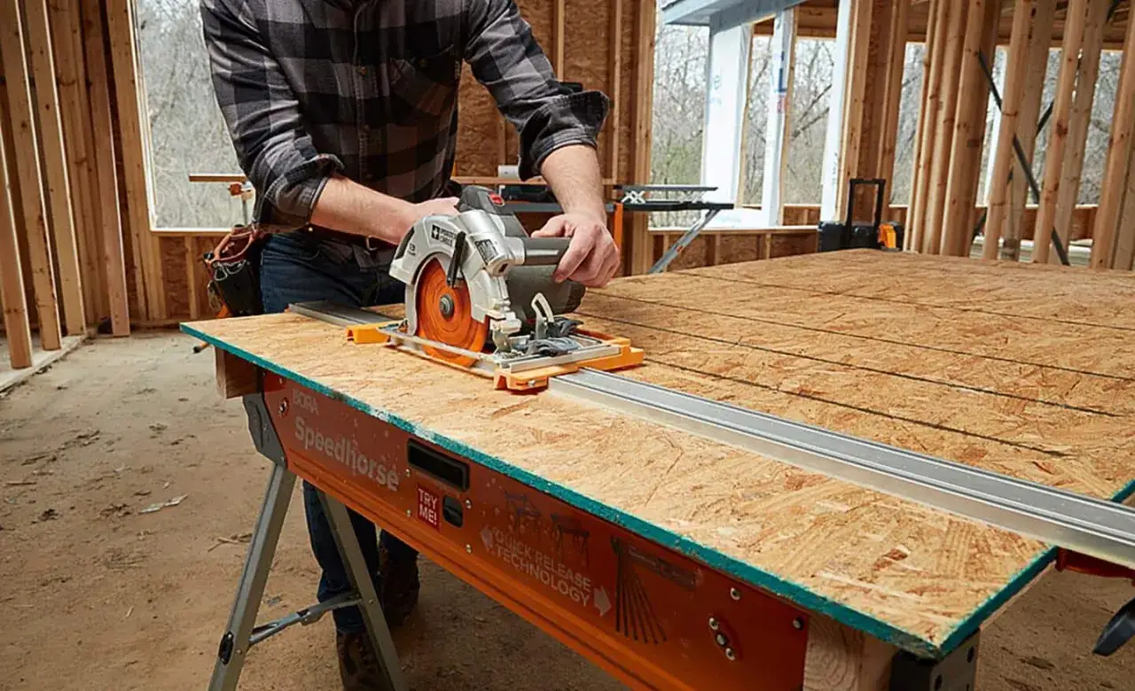 Man demonstrates how to use a circular saw on a sheet of plywood, guided by a track on a workbench.