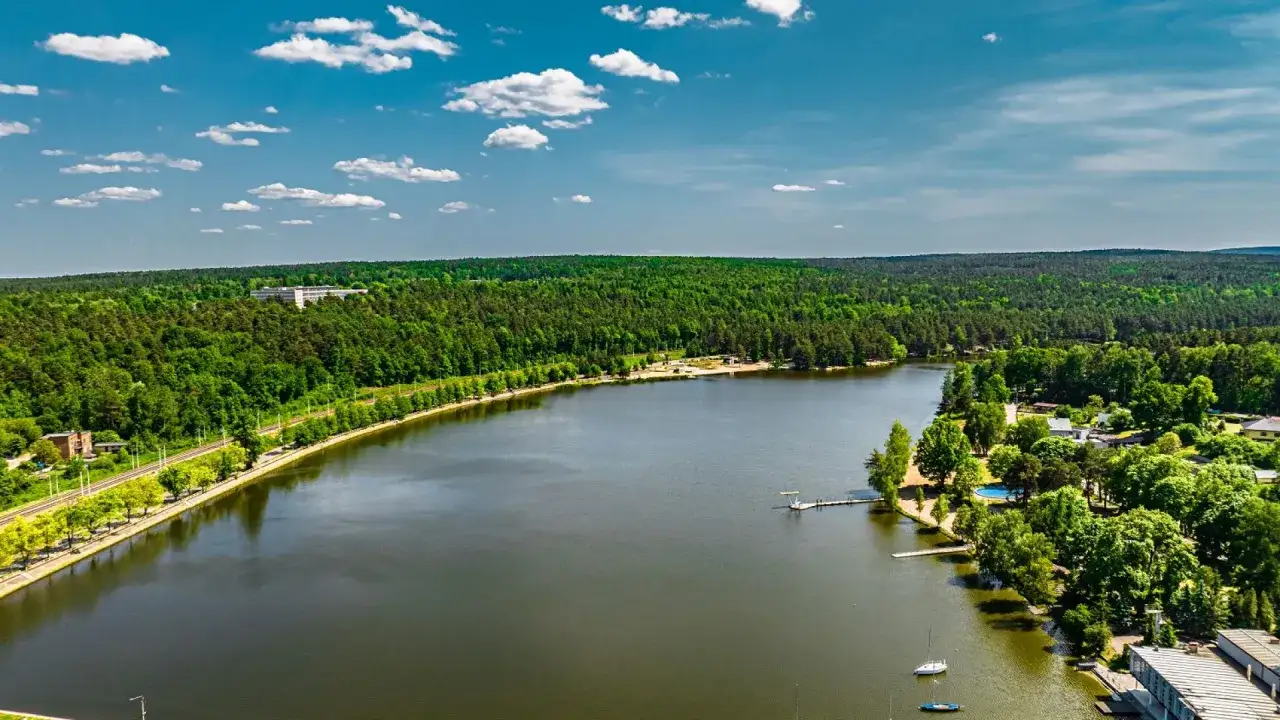 Malowniczy zalew rejowski otoczony lasem, z piaszczystą plażą, domkami i łódkami.