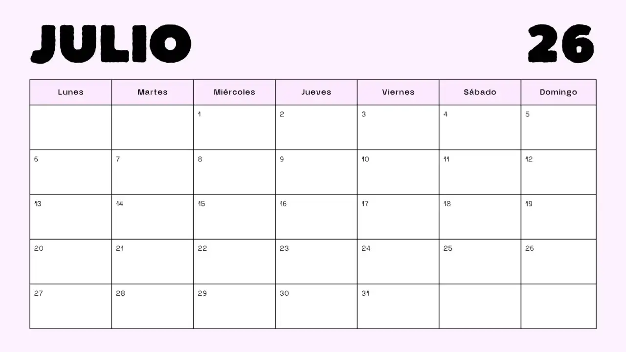 Calendario de julio con los d&iacute;as de la semana y los n&uacute;meros del mes. El 26 de julio cae en s&aacute;bado.