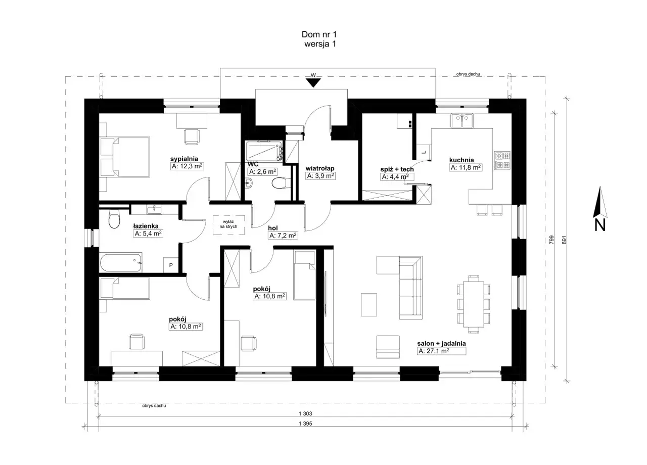 Rzut parteru domu 80m2: salon z jadalnią (27,1m2), kuchnia (11,8m2), 2 pokoje (po 10,8m2), sypialnia (12,3m2), łazienka (5,4m2), WC (2,6m2), hol (7,2m2), wiatrołap (3,9m2), spiżarnia/pom. tech. (4,4m2).