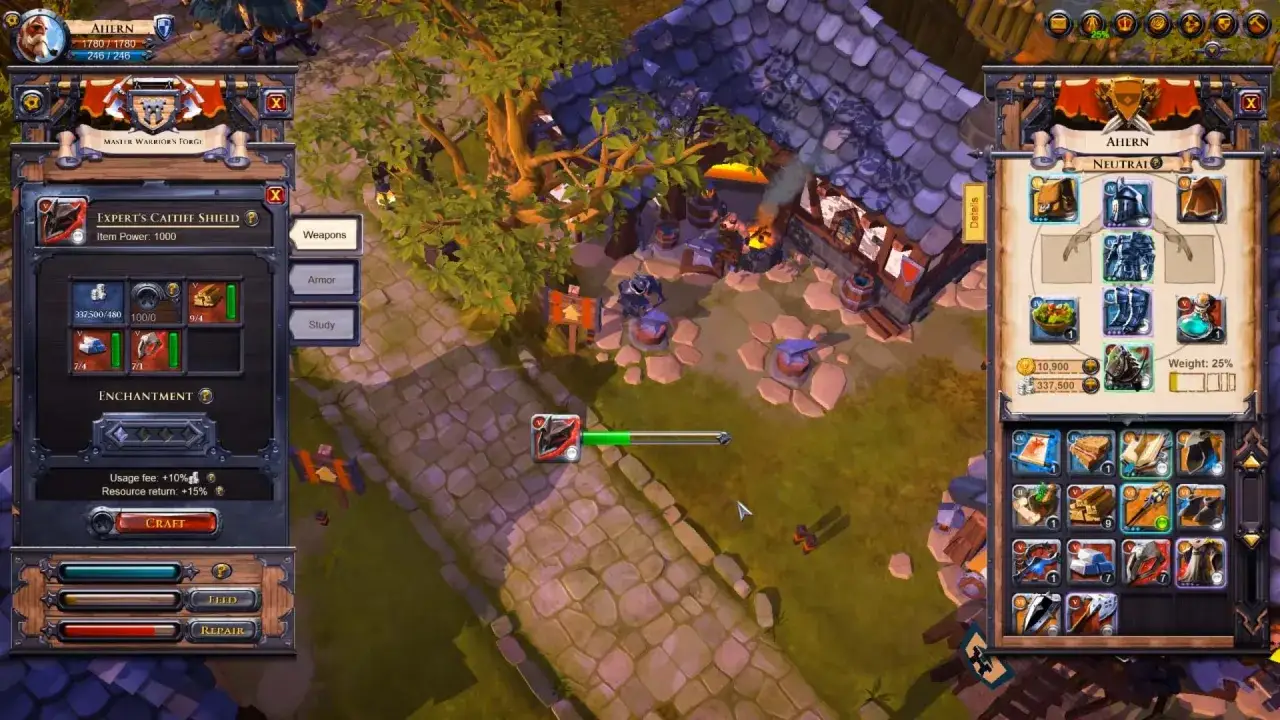 W grze darmowe mmorpg gracz tworzy tarczę w kuźni, zbierając surowce i ulepszając ekwipunek.