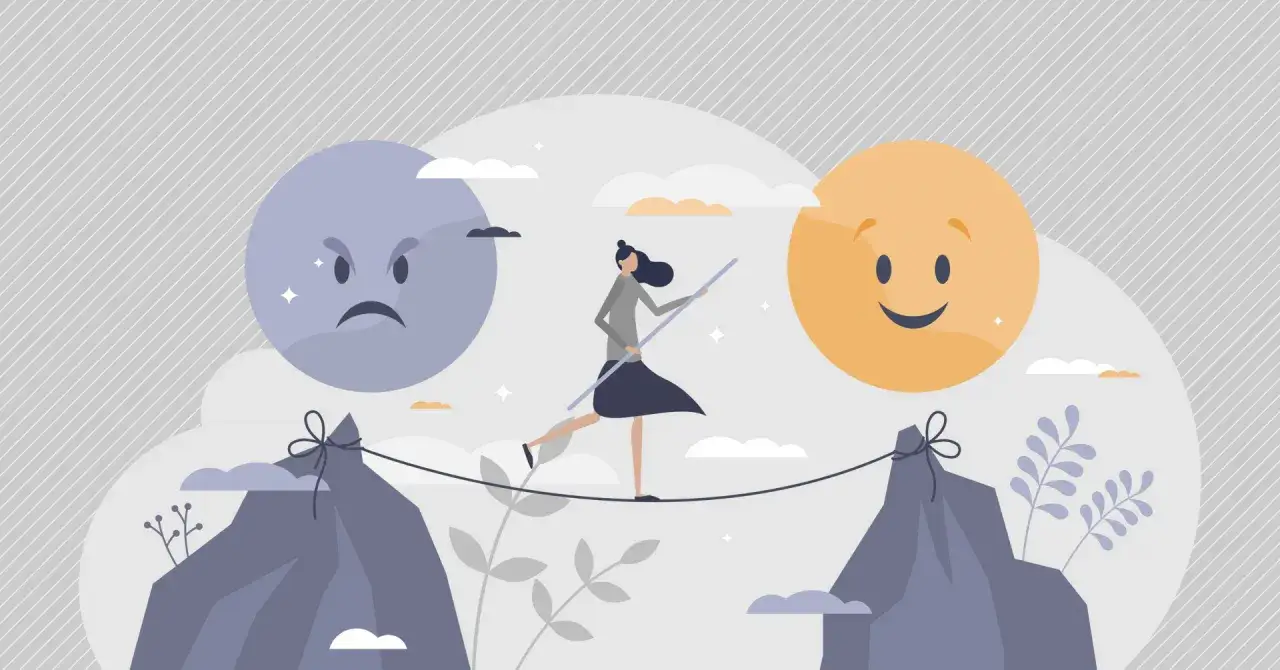 Kobieta balansuje na linie między gniewem a radością, symbolizując trudności w regulacji emocji, które mogą być objawy borderline.