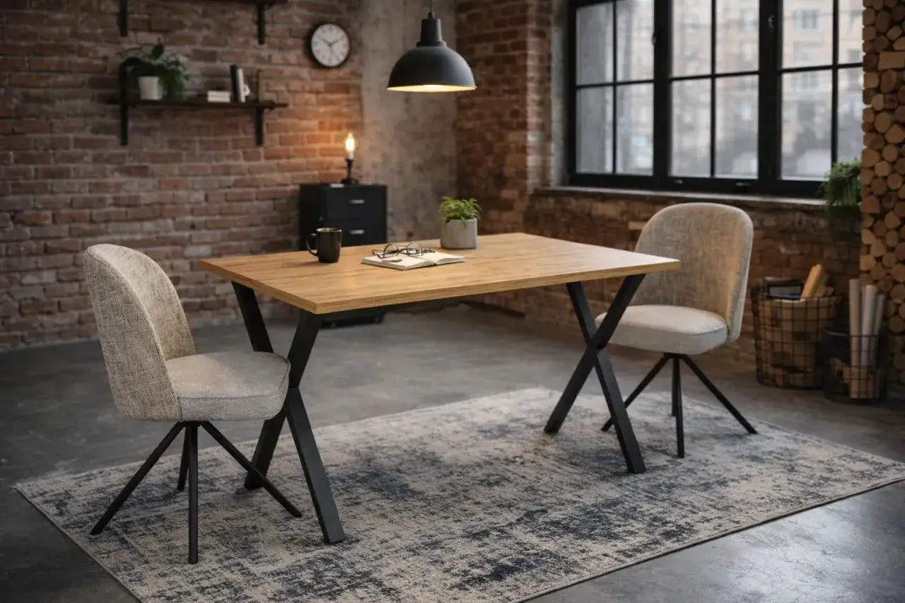 Stylowe atelier z drewnianym biurkiem, dwoma krzesłami i ceglaną ścianą. Idealne miejsce do pracy twórczej.