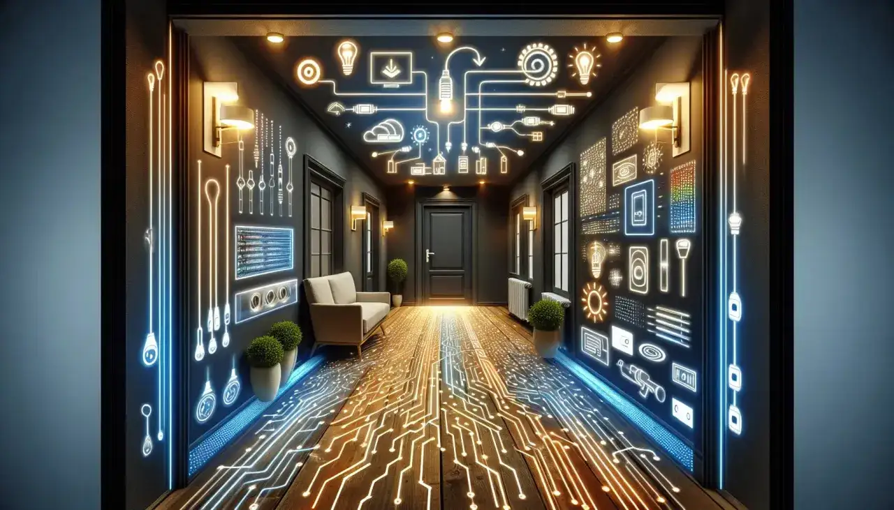 Un couloir sombre et &eacute;troit s'illumine gr&acirc;ce &agrave; des circuits lumineux futuristes sur les murs et le sol, cr&eacute;ant une ambiance high-tech.