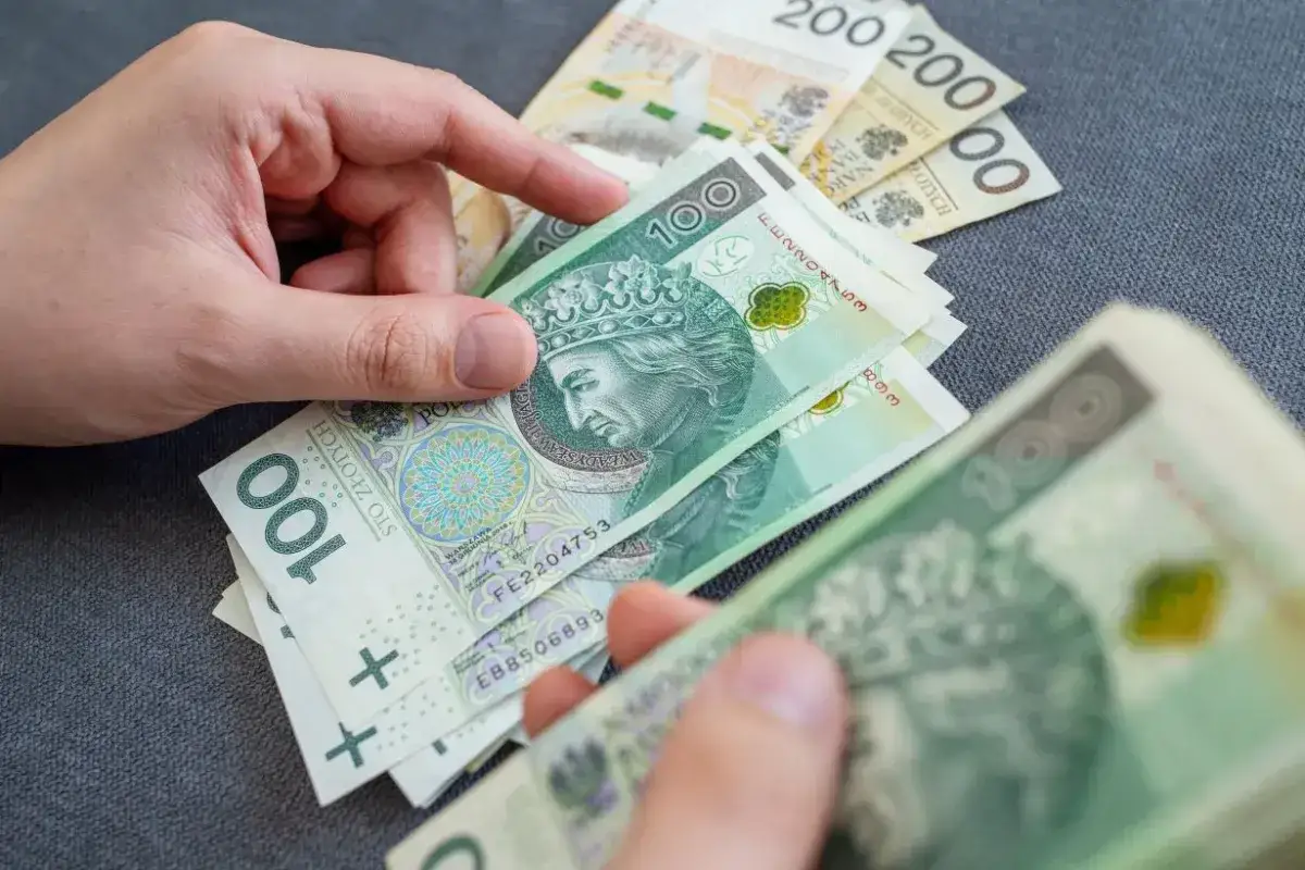 Ręce liczą polskie banknoty 100 zł. Może to symbolizować zatrudnienie emeryta mundurowego i zbieg tytułów do ubezpieczeń społecznych.