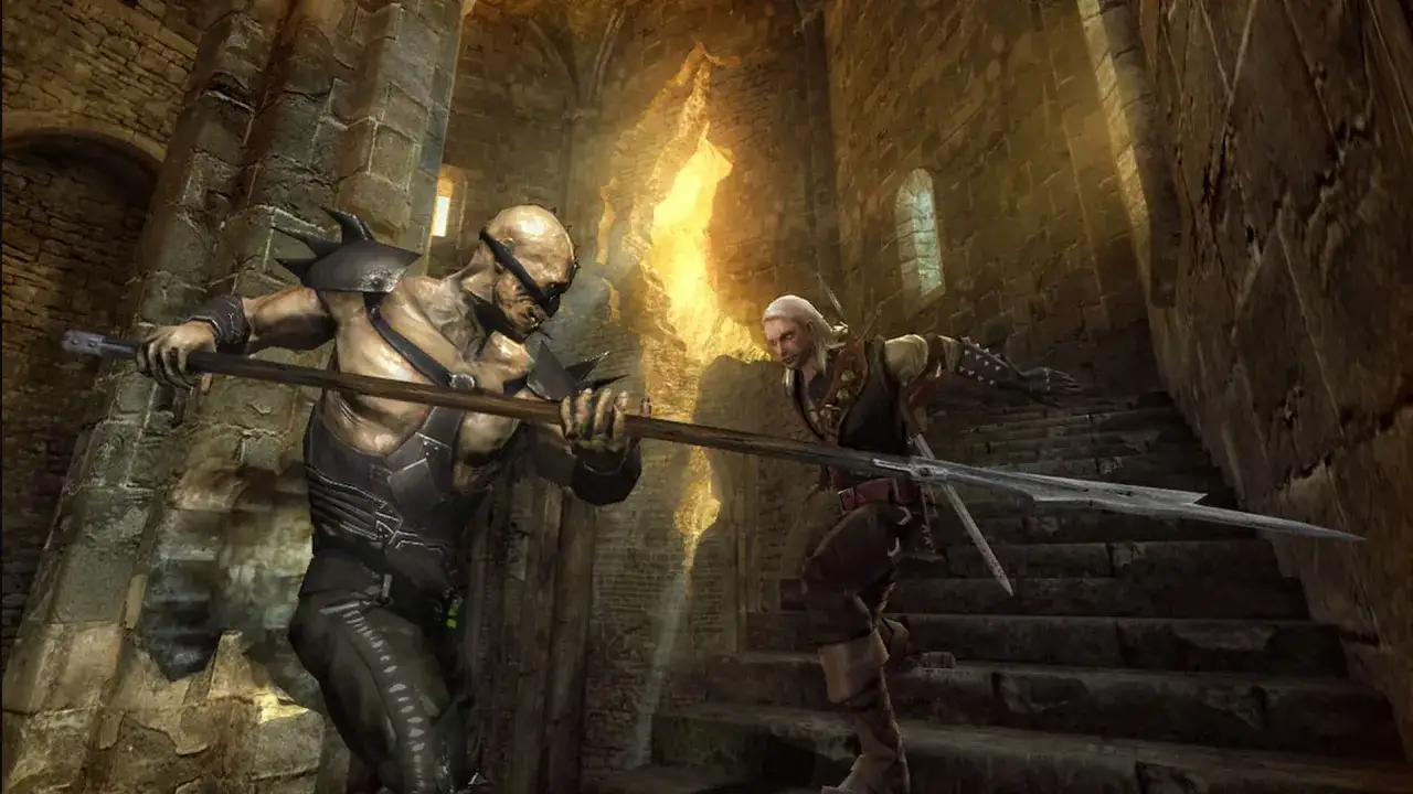 Geralt de Rivia se enfrenta a un monstruo en ruinas, anticipando la acción del the witcher remake.