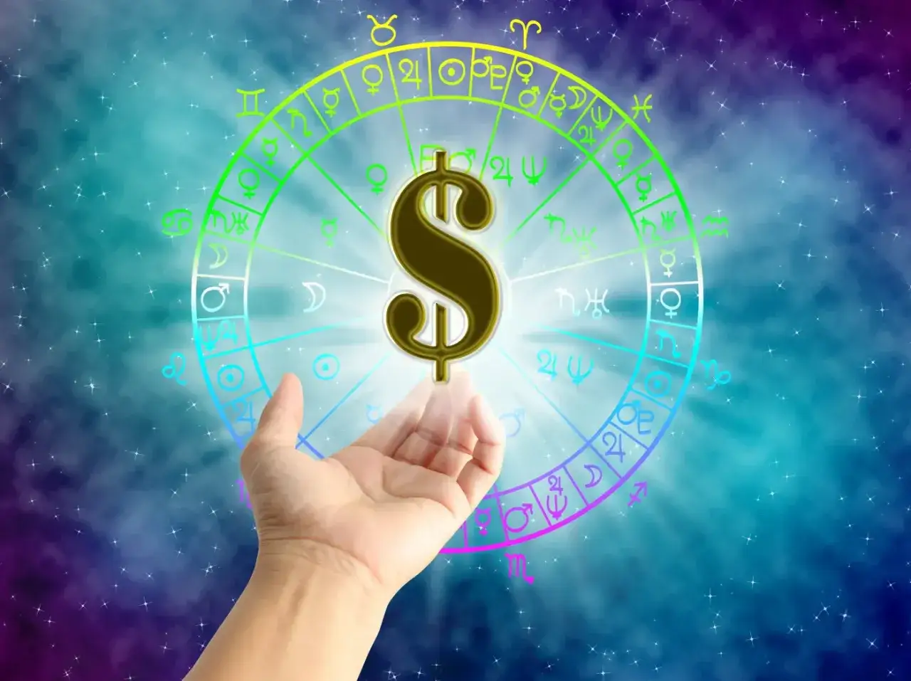 Znak dolara unosi się nad dłonią na tle koła zodiaku. Sprawdź swój horoskop finansowy dzienny!
