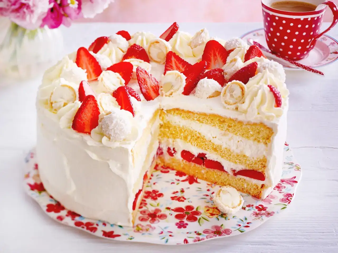 Eine köstliche Erdbeer Raffaello Torte, üppig dekoriert mit frischen Erdbeeren, Sahnetuffs und Raffaello-Kugeln.