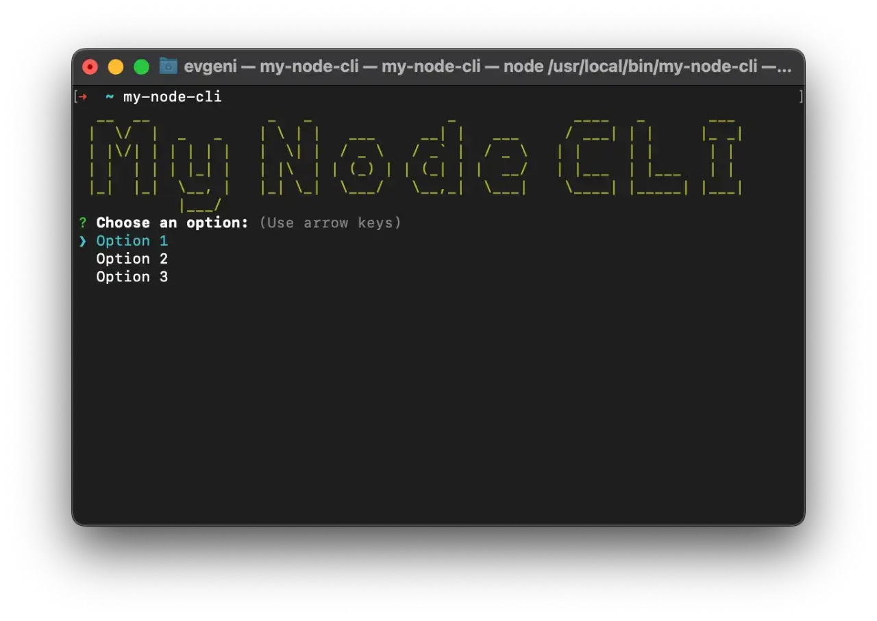 Interface en ligne de commande Node.js avec le module inquirer.js, proposant un menu interactif pour choisir une option.