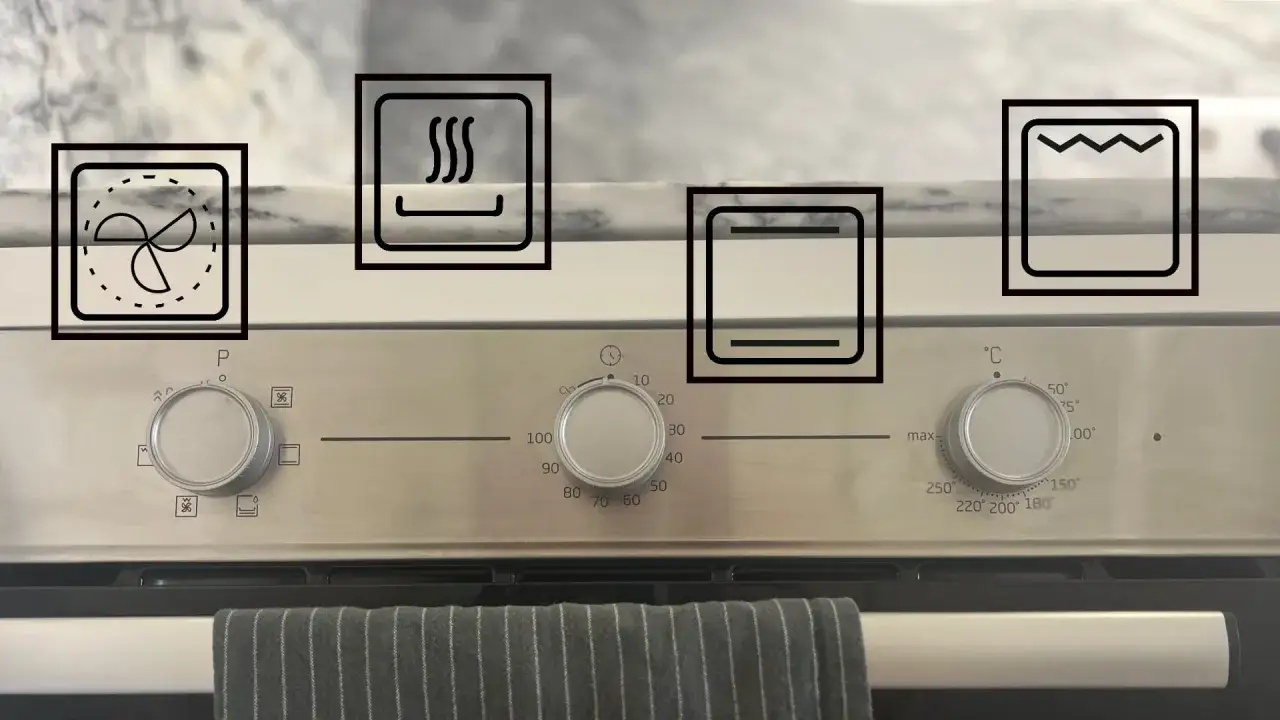 Bedienelemente eines Ofens mit Symbolen für Ober-/Unterhitze, Grill und Umluft.