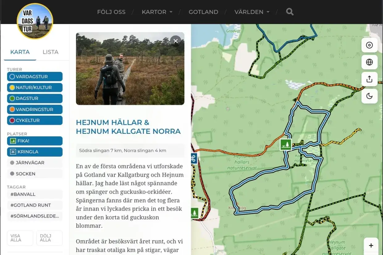 H&auml;r &auml;r en karta &ouml;ver vandringsleder p&aring; Gotland, med markerade stigar f&ouml;r Hejnum H&auml;llar & Hejnum Kallgate Norra.