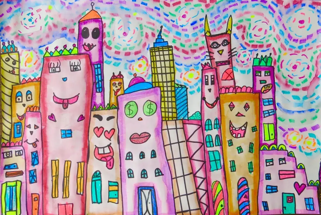 A vibrant cityscape in the style of James Rizzi art, featuring anthropomorphic buildings with playful faces and colorful patterns against a swirling sky.