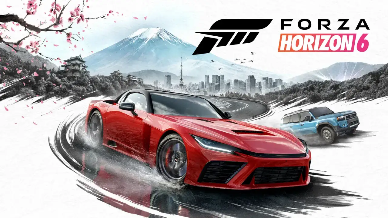 Roter Sportwagen und blauer SUV rasen durch eine japanische Landschaft mit Kirschblüten und Fuji. Wann kommt Forza Horizon 6 raus?