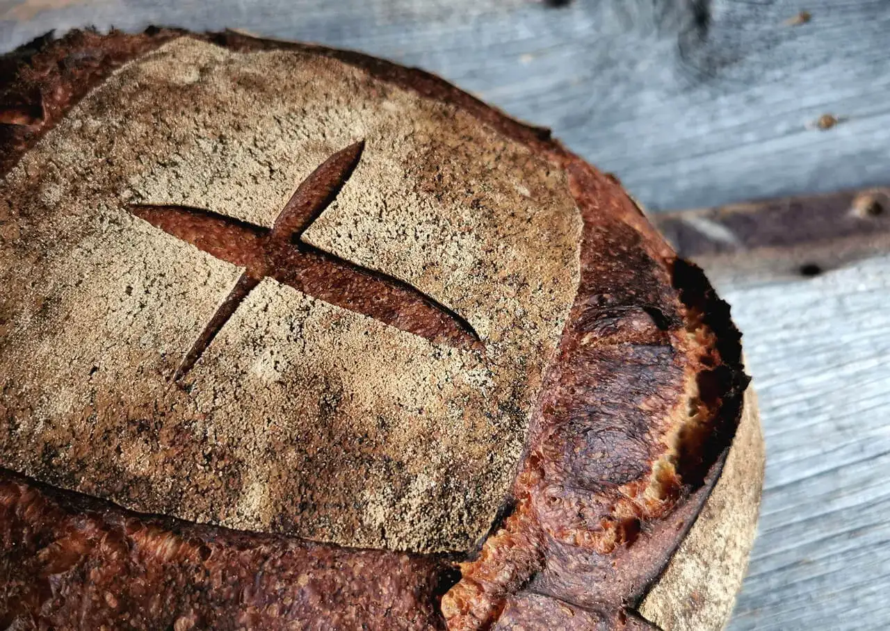Ein dunkel gebackenes, knuspriges Sauerteigbrot mit Kreuzschnitt auf rustikalem Holz. So wird selbstgebackenes Brot dunkel und lecker.