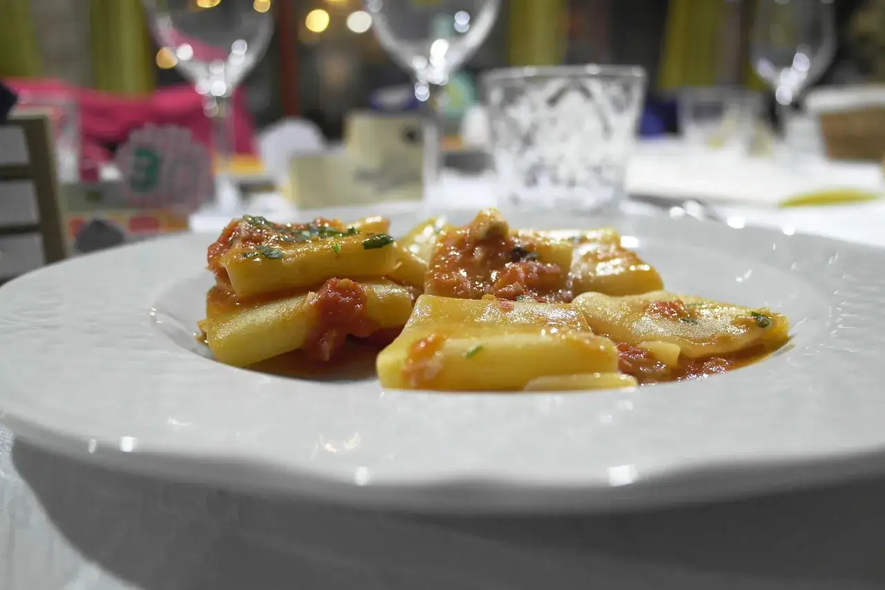 Paccheri co to? Duże, rurkowate makarony w sosie pomidorowym z ziołami, podane na białym talerzu.
