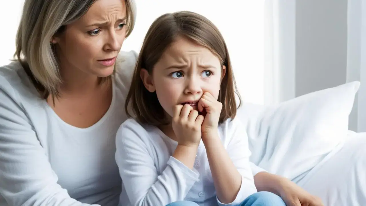 Zmartwiona mama patrzy na swoją córkę, która ma 3 lata i obgryza paznokcie.