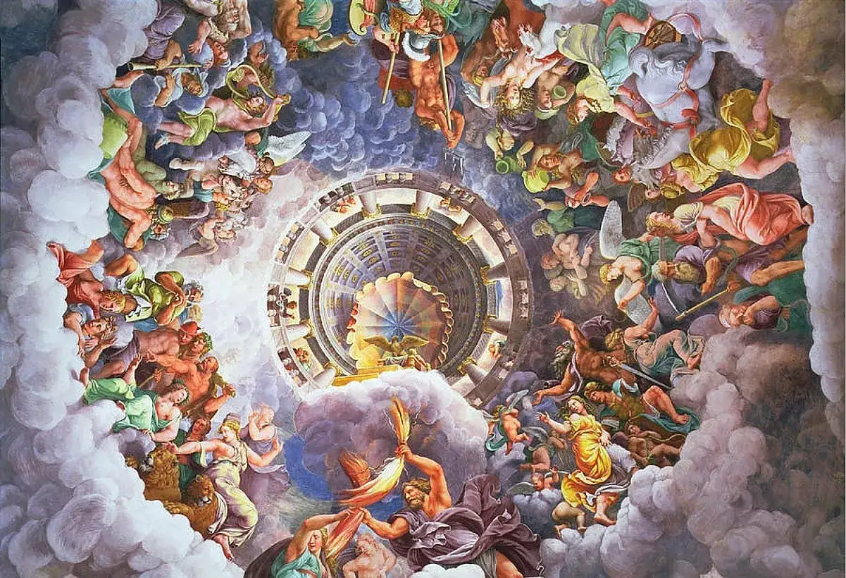 Wspaniała wizja mitologii greckiej bogowie w chmurach, z Zeusem na czele, unoszą się ku niebiańskiemu panteonowi.