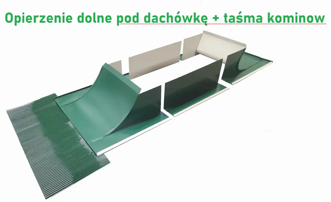 Elementy do obróbki komina: opierzenie dolne pod dachówkę i taśma kominowa.