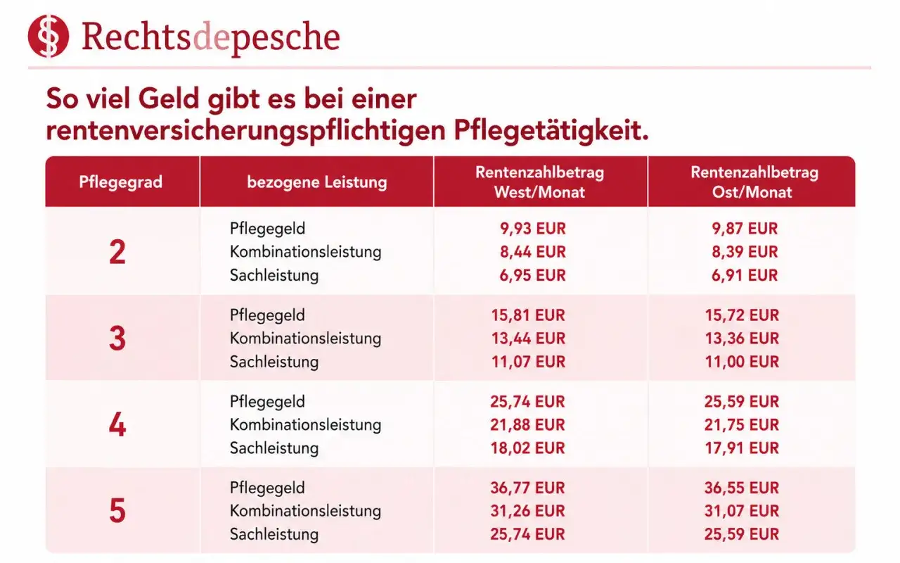 Tabelle zeigt, wieviel Rentenpunkte bei Pflegegrad 2 möglich sind: Pflegegeld 9,93€ (West), Kombinationsleistung 8,44€, Sachleistung 6,95€.