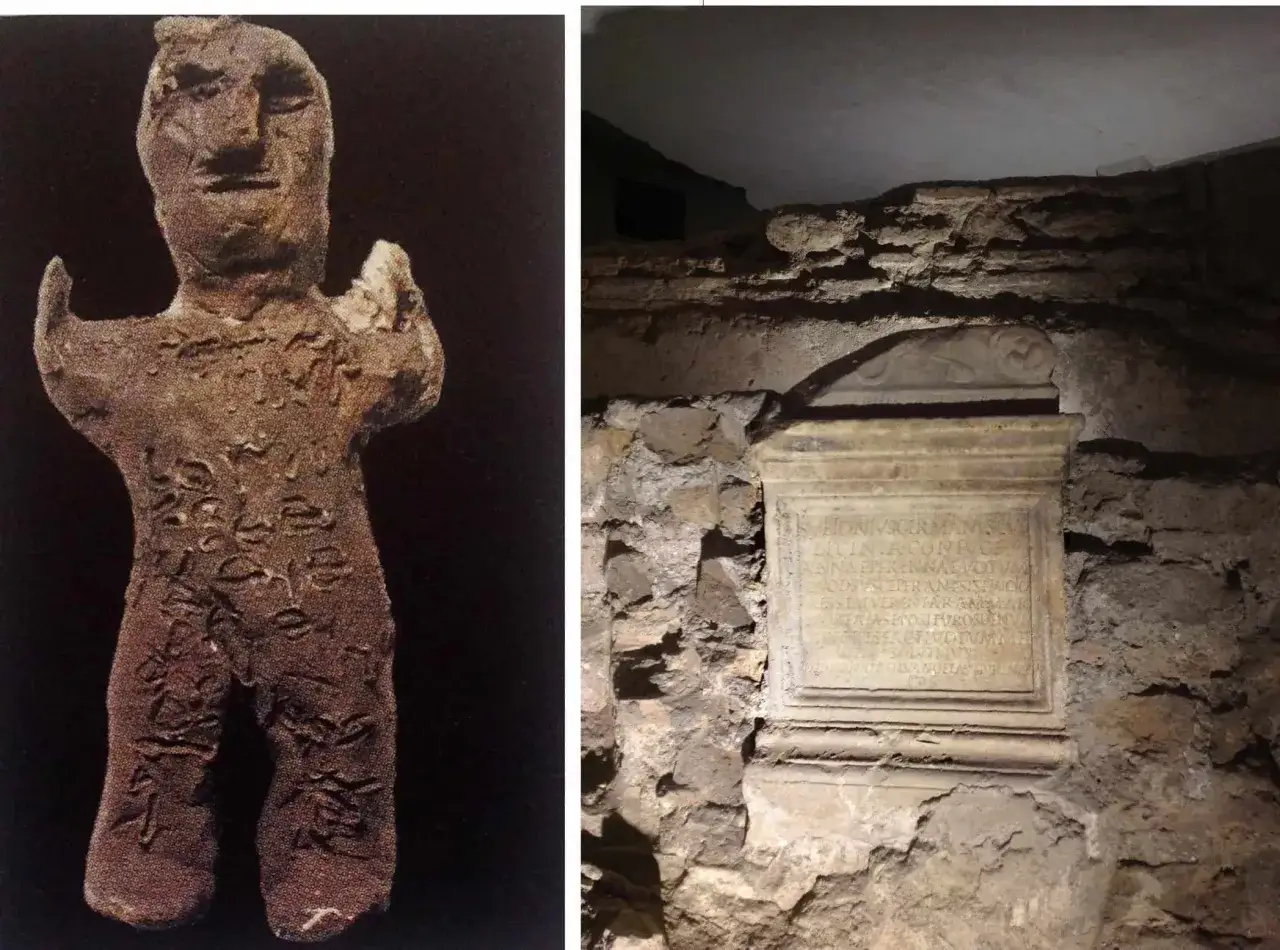 Antica statuetta in terracotta con iscrizioni e un'epigrafe su un piedistallo in pietra, testimonianze di una fonte romana.