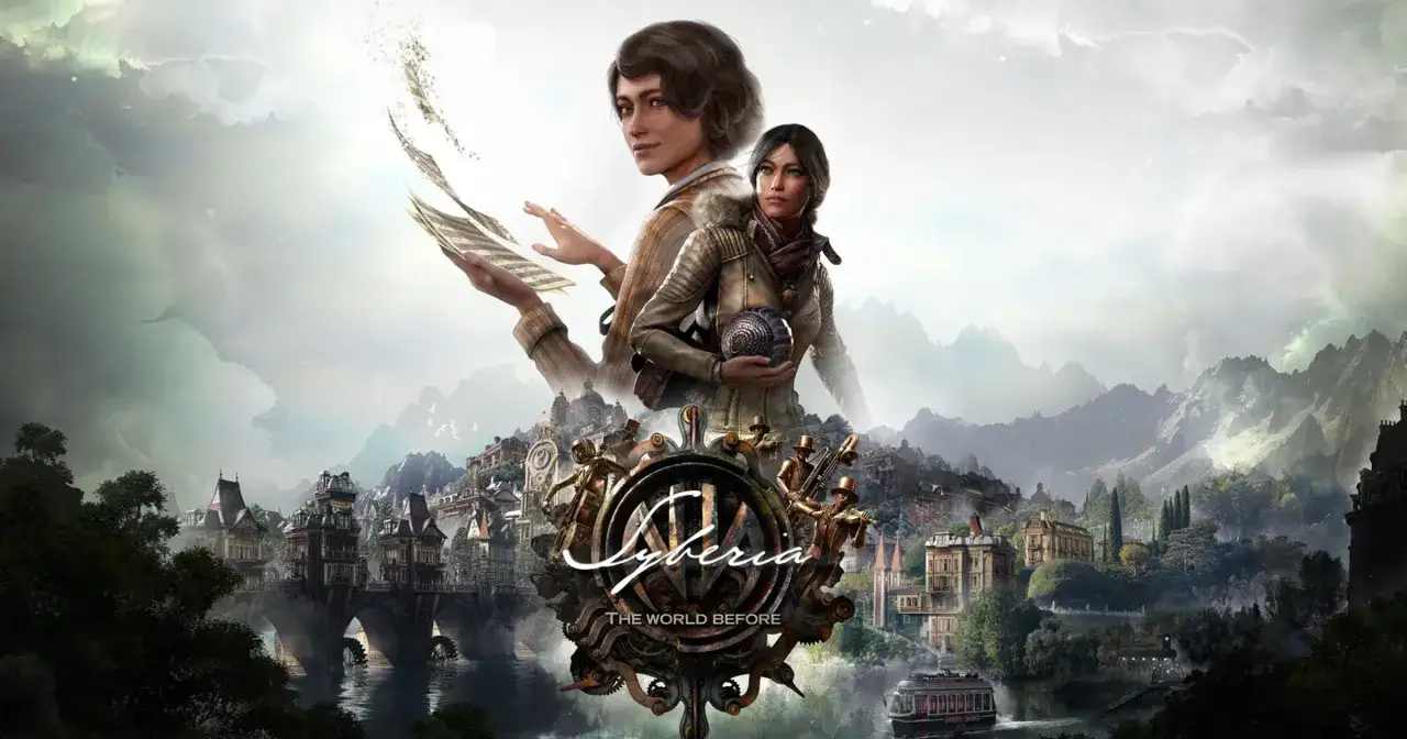 Dwie kobiety na tle mglistych gór i steampunkowego miasta. W tle logo gry Syberia: The World Before.