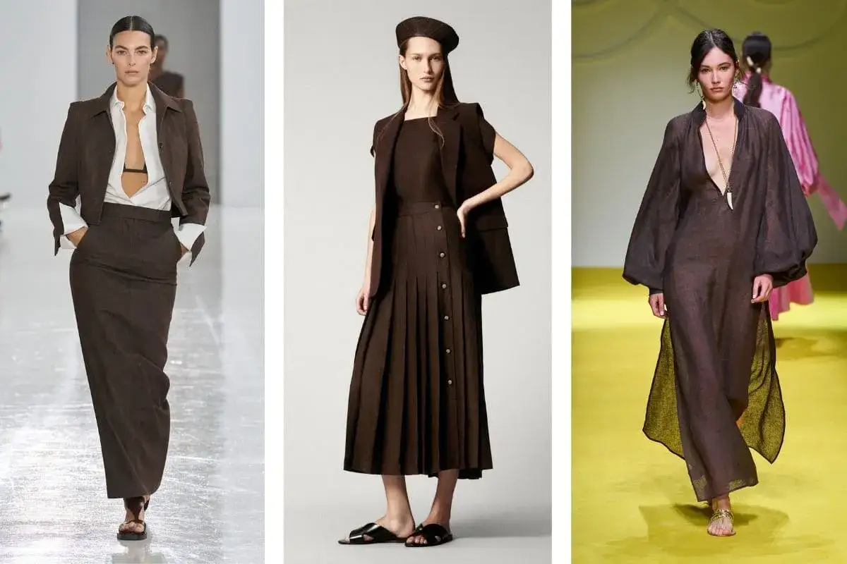 Modelli sfilano con abiti marrone e grigio. La palette di colori marrone e grigio stanno bene insieme, creando look eleganti e sofisticati.