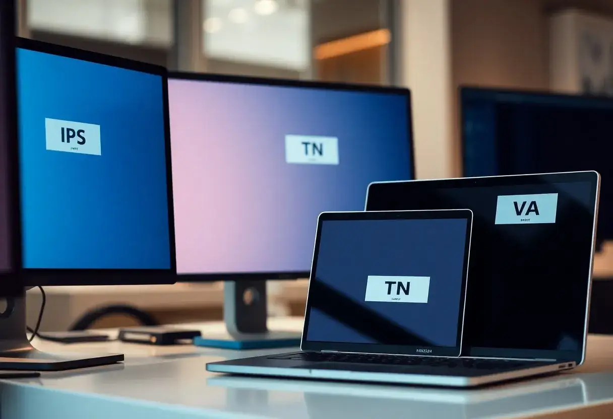Na biurku stoją monitory i laptop. Na ekranach widnieją napisy: IPS, TN, VA. Matryca w laptopie ma oznaczenie TN.