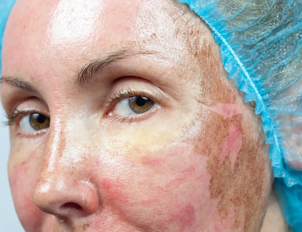 Nahaufnahme eines Gesichts mit ger&ouml;teter Haut und braunen Flecken nach einem chemischen Peeling. Blaue Haube sch&uuml;tzt das Haar.