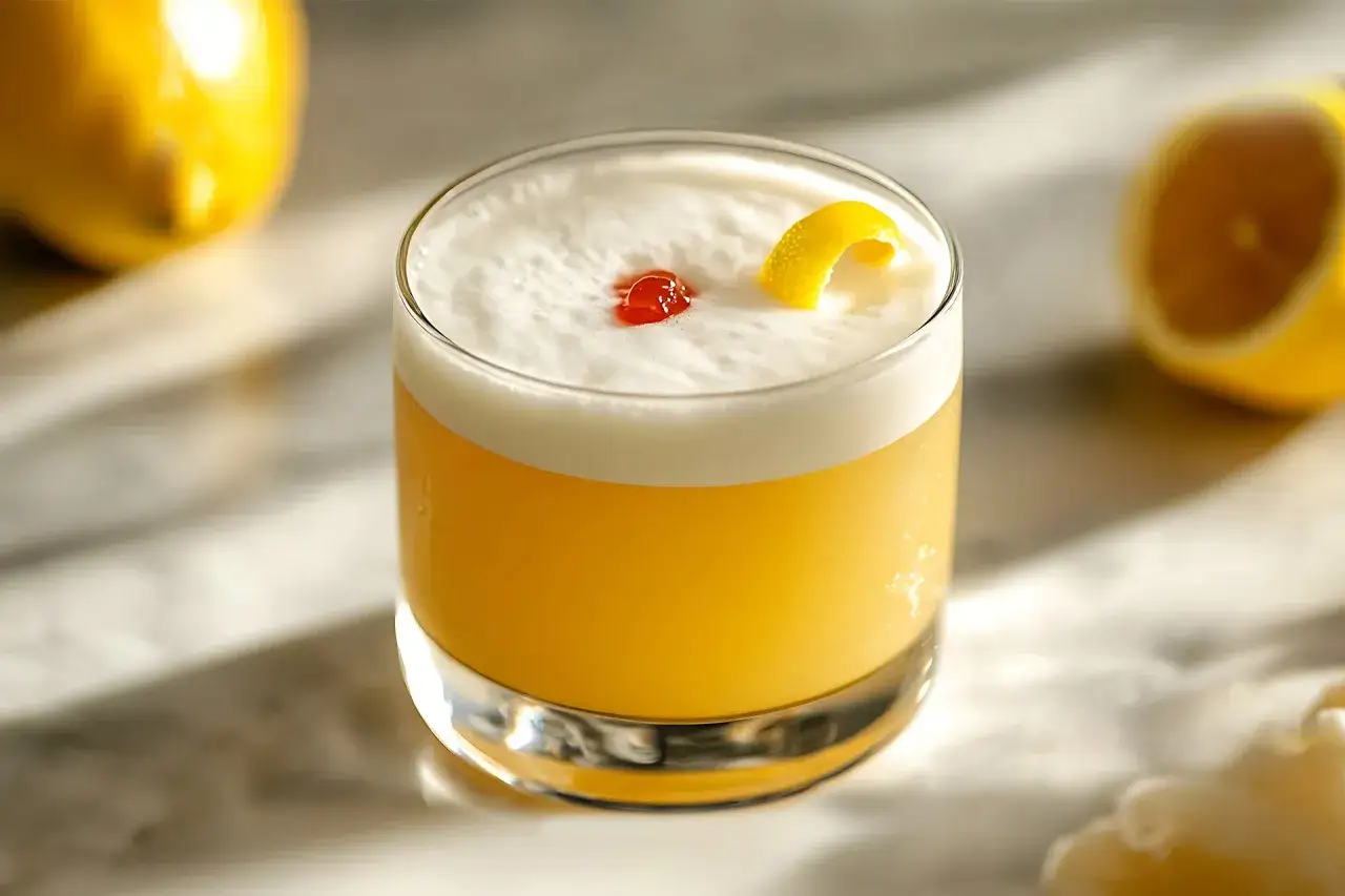 Orzeźwiający drink z amaretto, ozdobiony skórką cytrynową i kroplą wiśni, na tle cytryn.