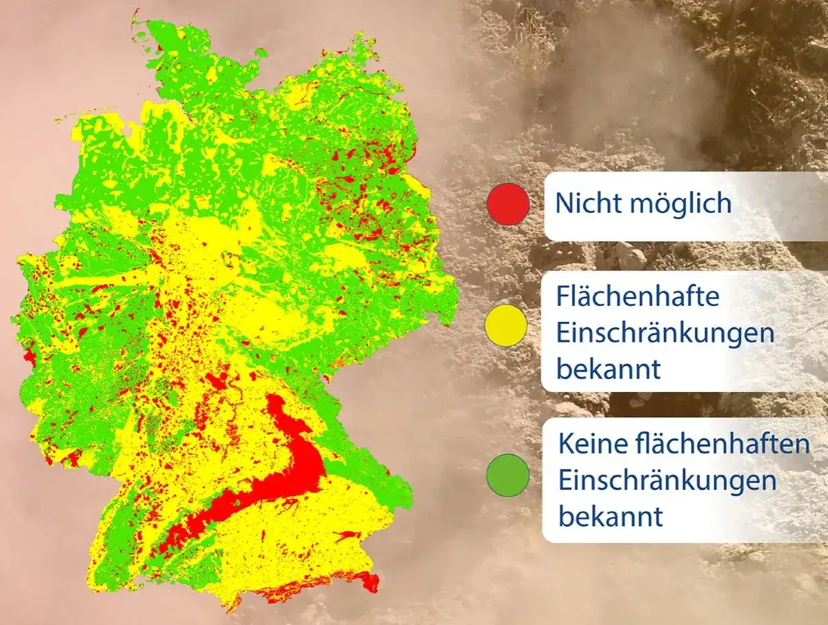 Karte von Deutschland zeigt Potenzial f&uuml;r Geothermie: Rot (nicht m&ouml;glich), Gelb (Einschr&auml;nkungen), Gr&uuml;n (keine Einschr&auml;nkungen).