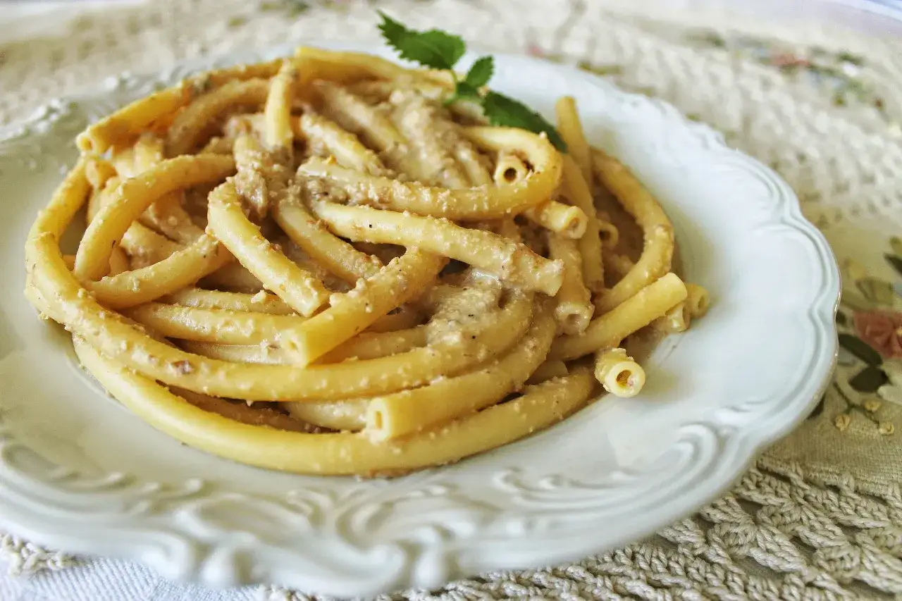 Pyszne bucatini w kremowym sosie, podane na białym talerzu. Czy to lepsze niż spaghetti?