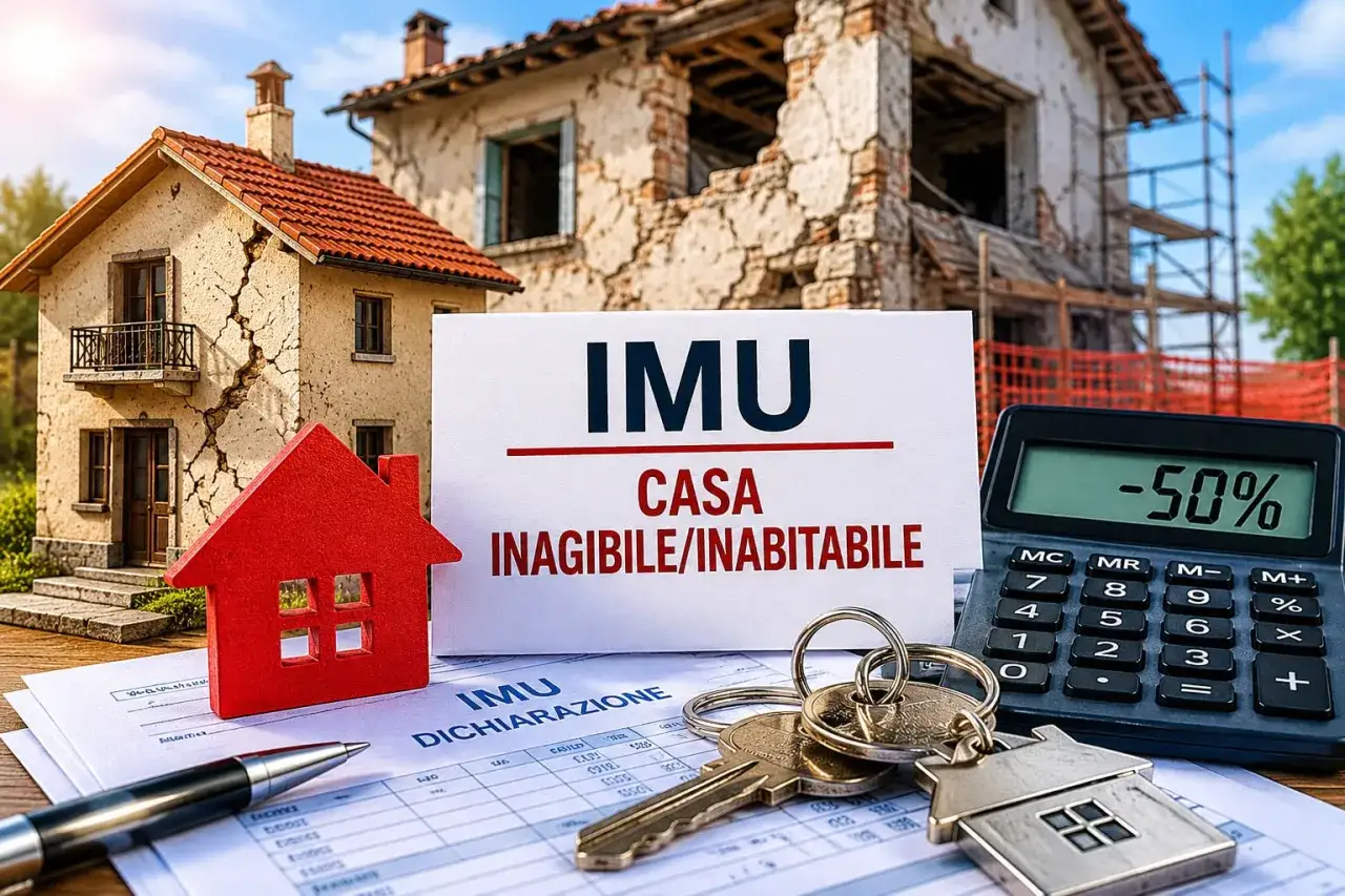 Calcolo del valore di un immobile inagibile: una casa danneggiata, documenti IMU, chiavi e calcolatrice con sconto del 50%.